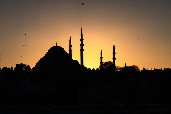 Mecset Szulejmán Mecset Sziluettje Naplementekor Ramadán Vagy Kandil Vagy Shaban — Stock Fotó