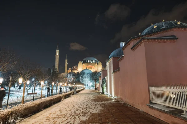 Istanbul Inverno Hagia Sophia Tempo Nevoso Notte Focus Selettivo Sullo — Foto Stock