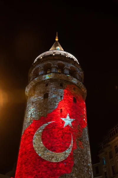 Exibição Mapeamento Projeção Bandeira Turca Torre Galata Noite Nação Turca — Fotografia de Stock