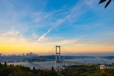 İstanbul arka planı. Günbatımında İstanbul şehri Boğaz Köprüsü ile birlikte. Türkiye 'deki arka plan fotoğrafına git. Gürültü dahil.