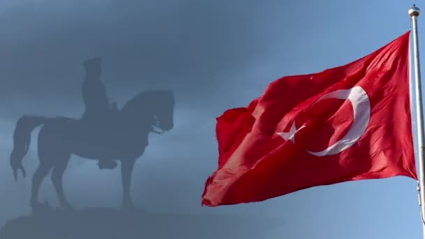 Turkisk Flagga Med Ataturk Monument Bakgrunden Turkisk Nation Nationella Dagar — Stockvideo