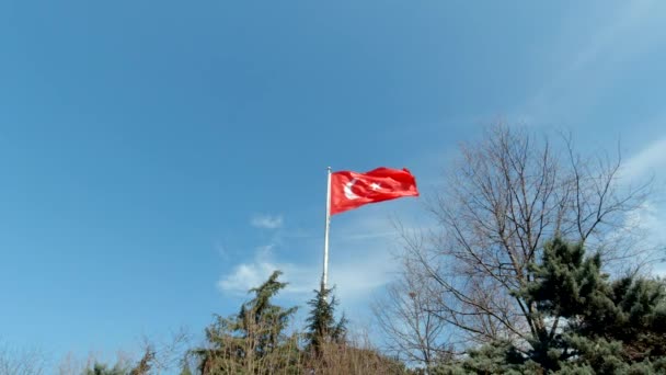 Bendera Turki Bendera Turki Melambaikan Tangan Tiang Bendera Dengan Pohon — Stok Video