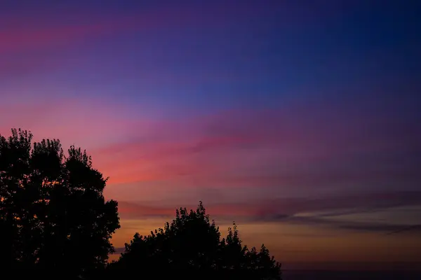 Резкое Фото Заката Восхода Солнца Силуэт Деревьев Розовыми Оранжевыми Облаками — стоковое фото
