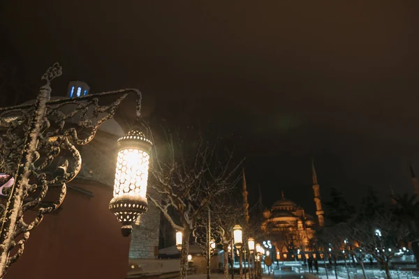 Mešita Sultanahmet Nebo Modrá Mešita Noci Zimě Světly Parku Cestování — Stock fotografie