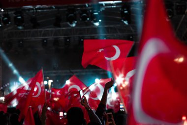 Türk halkı ulusal günleri gece kutladı. Bayraklarda hareket bulanıklığı var. İnsanlar kutlamada Türk bayrakları sallıyor. Gürültü dahil.