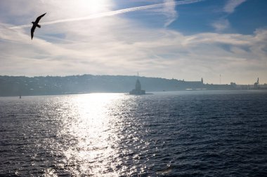 Güneşin doğuşunda feribottan sisli İstanbul manzarası. Bakireler Kulesi ve bir martı.