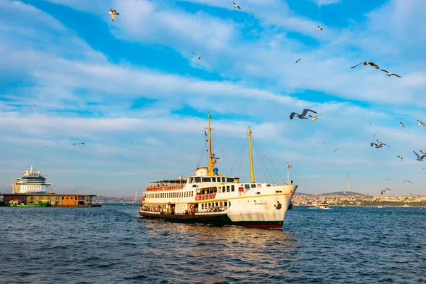 İstanbul 'un ünlü feribotu gün batımında. Türkiye 'deki arka plan fotoğrafına git. İstanbul Türkiye - 5.7.2022