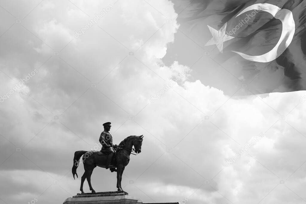 10th november memorial day of Ataturk background photo. 10 Kasim black and white concept photo with Turkish flag and statue of Ataturk.