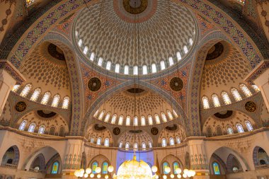Interior of Kocatepe Mosque. Ramadan or kandil or laylat al-qadr or kadir gecesi or Islamic background photo. Ankara Turkey - 5.17.2022