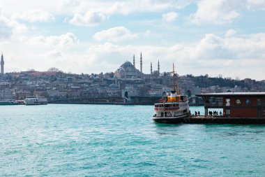 Cami ve feribotla İstanbul manzarası. İstanbul Türkiye - 3.2.2022