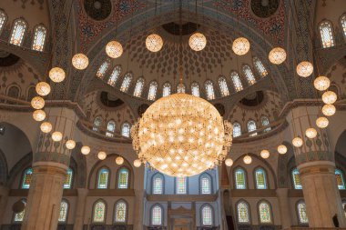 Huge chandelier of Ankara Kocatepe Mosque. Islamic architecture background photo. Ankara Turkey - 5.17.2022