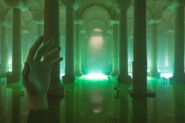 Basilica Cistern or Yerebatan Sarnici in Istanbul with green lights. Travel to Turkey background photo. Istanbul Turkey - 8.3.2022