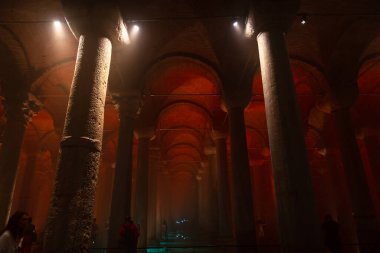 Landmarks of Istanbul background photo. Basilica Cistern or Yerebatan Sarnici. Noise and grain included. Selective focus. Istanbul Turkey - 8.3.2022