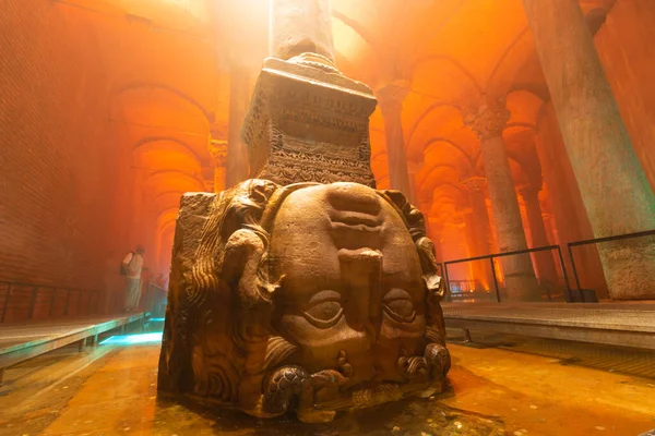 The Medusa Head Pillar in Basilica Cistern or Yerebatan Sarnici in wide angle view from below. Travel to Istanbul background. Noise and grain included. Selective focus. Istanbul Turkey - 8.3.2022
