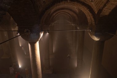 Pillars or columns of the Basilica Cistern or Yerebatan Sarnici. Noise and grain included. Selective focus. Istanbul Turkey - 8.3.2022