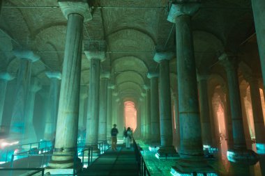Landmarks of Istanbul. The Basilica Cistern or Yerebatan Sarnici. Noise and grain included. Selective focus. Istanbul Turkey - 8.3.2022
