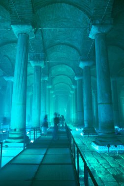 The Basilica Cistern with turquoise light ambient. Landmarks of Istanbul vertical story background photo. Noise and grain included. Selective focus. Istanbul Turkey - 8.3.2022