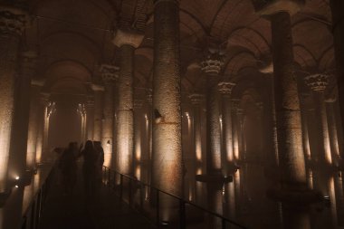 Landmarks of Istanbul background photo. The Basilica Cistern or Yerebatan Sarnici. Noise and grain included. Selective focus. Istanbul Turkey - 8.3.2022
