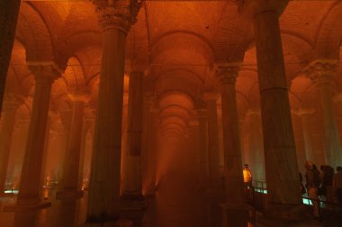 Columns of the Basilica Cistern or Yerebatan Sarnici in Istanbul. Noise and grain included. Selective focus. Istanbul Turkey - 8.3.2022