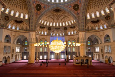 Islamic background photo. Interior of Ankara Kocatepe Mosque. Ramadan or kandil or laylat al-qadr or kadir gecesi or islamic background photo. Ankara Turkey - 5.17.2022