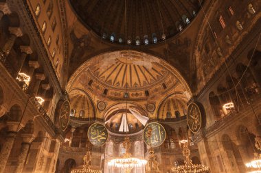 Islamic background. Interior of Hagia Sophia or Ayasofya Mosque. Ramadan or kandil background photo. Istanbul Turkey - 8.12.2022