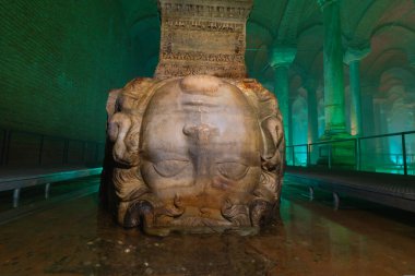 Medusa head pillar of Basilica Cistern in Istanbul. Landmarks of Istanbul background photo.