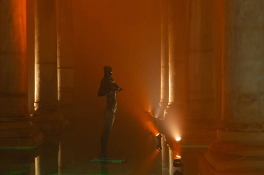 Travel to Istanbul concept photo. The Basilica Cistern or Yerebatan Sarnici. Noise and grain included. Selective focus. Istanbul Turkey - 8.3.2022