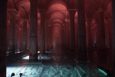 Travel to Istanbul background. Basilica Cistern or Yerebatan Sarnici. Noise or grain included. Selective focus. Istanbul Turkey - 8.3.2022