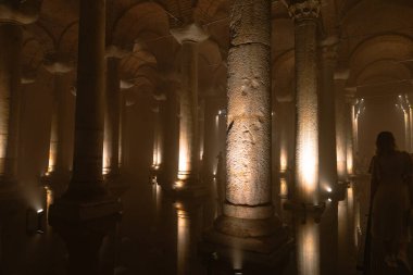 Interior of Basilica Cistern or Yerebatan Sarnici in Istanbul. Noise or grain included. Selective focus. Istanbul Turkey - 8.3.2022