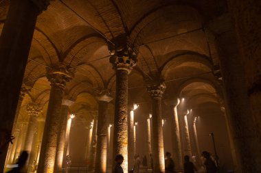 Vaults and Columns of Basilica Cistern. Tourists visiting the Basilica Cistern in Istanbul. Noise or grain included. Selective focus. Istanbul Turkey - 8.3.2022
