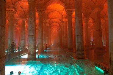 Basilica Cistern in Istanbul. Travel to Turkey concept photo. Noise and grain included. Selective focus. Istanbul Turkey - 8.3.2022