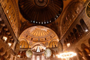 Interior of Hagia Sophia or Ayasofya Mosque. Ramadan or kandil or laylat al-qadr or kadir gecesi or islamic background. Noise included. Selective focus. Istanbul Turkey - 8.12.2022