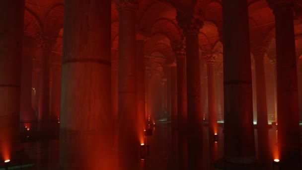 Basilica Cistern Tourists Red Ambient Lights Travel Istanbul Background Video — Video Stock
