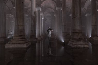 The Basilica Cistern in monochrome view. Yerebatan Sarnici in Turkish. Noise and grain included. Selective focus. Istanbul Turkey - 8.3.2022
