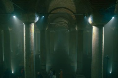 Columns of the Basilica Cistern in moody view. Noise and grain included. Selective focus. Istanbul Turkey - 8.3.2022