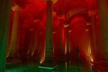 The Basilica Cistern in Istanbul. Travel to Turkey background photo. Noise and grain included. Selective focus. Istanbul Turkey - 8.3.2022