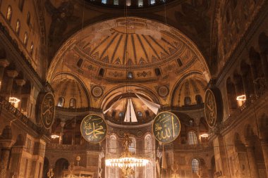 Islamic photo. Interior of Hagia Sophia Mosque or Ayasofya Camii. Ramadan or laylat al-qadr or islamic background photo. Noise included. Selective focus. Istanbul Turkey - 8.12.2022