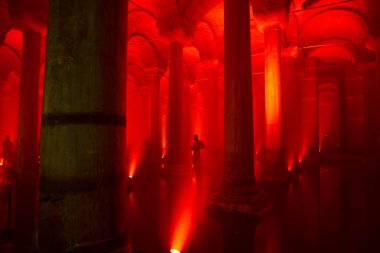 Landmarks of Istanbul background photo. Basilica Cistern with red ambient light. Selective focus. Noise included. Istanbul Turkey - 8.3.2022