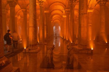 Basilica Cistern or Yerebatan Sarnici and tourists. Selective focus. Noise included. Istanbul Turkey - 8.3.2022
