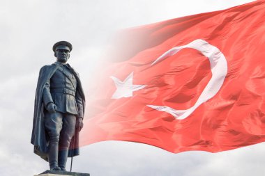 Atatürk anıtı ve Türk Bayrağı. 29 Ekim Türkiye Cumhuriyet Günü arkaplan fotoğrafı. 