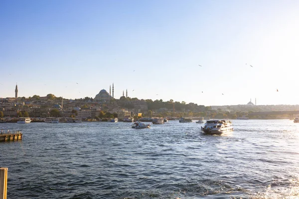 İstanbul manzarası gün batımında. Altın Boynuz ve Süleyman Camii. İstanbul Türkiye - 8.20.2022