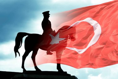 Atatürk Anıtı 'nın silüetiyle Türk Bayrağı. 29 ekim cumhuriyet bayrami arkaplan fotoğrafı.