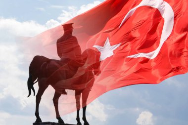 Atatürk Anıtı 'nın Silueti ve Türk Bayrağı. Türkiye Cumhuriyet Günü veya Cumhuriyet Bayrami arkaplan fotoğrafı.