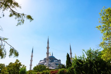 Fotokopi alanı olan İslami arka plan fotoğrafı. Mavi Cami ya da Sultanahmet Camii. İstanbul 'daki arka plan fotoğrafına git.