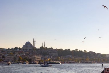 Galata Köprüsü 'nden İstanbul manzarası. Süleyman Camii ve Altın Boynuz. İstanbul Türkiye - 8.20.2022