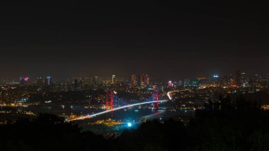 İstanbul gece silueti. İstanbul Boğazı Köprüsü ve şehir manzarası. Türkiye arkaplan fotoğrafı.