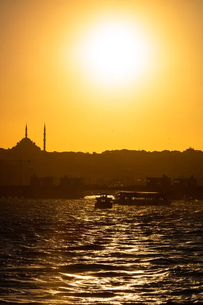 Fatih Moskén Och Siluetten Istanbul Vid Solnedgången Vertikal Bakgrund Foto — Stockfoto