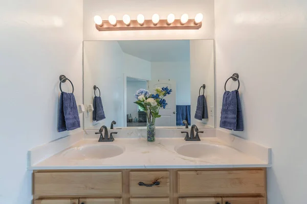 Alcala doppio lavabo vanità con vaso di fiori su un piano di lavoro in marmo — Foto Stock