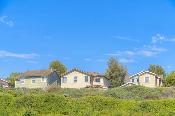 Three houses on top of a green slope with flowers at Ladera Ranch in California
