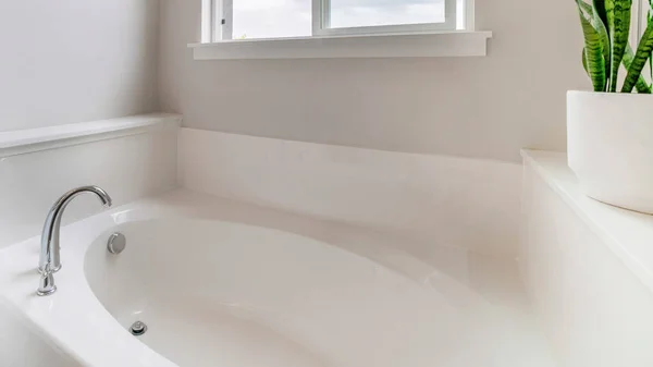 Panorama Interior del baño blanco con plantas de serpiente en maceta y ventana corredera —  Fotos de Stock